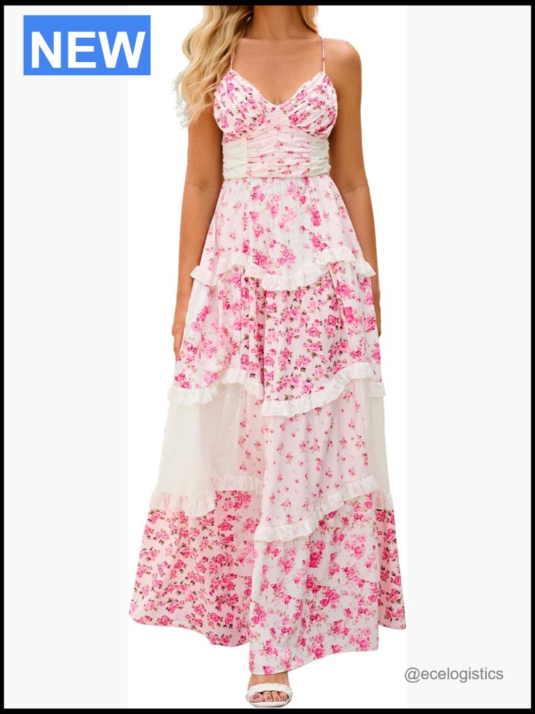 Floral Maxi Dress Spaghetti Strap V-Neck Patchwork Flowy Tiered Boho Sundress